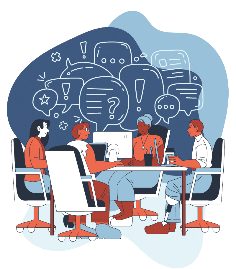 illustration of four people in a meeting coming up with content ideas