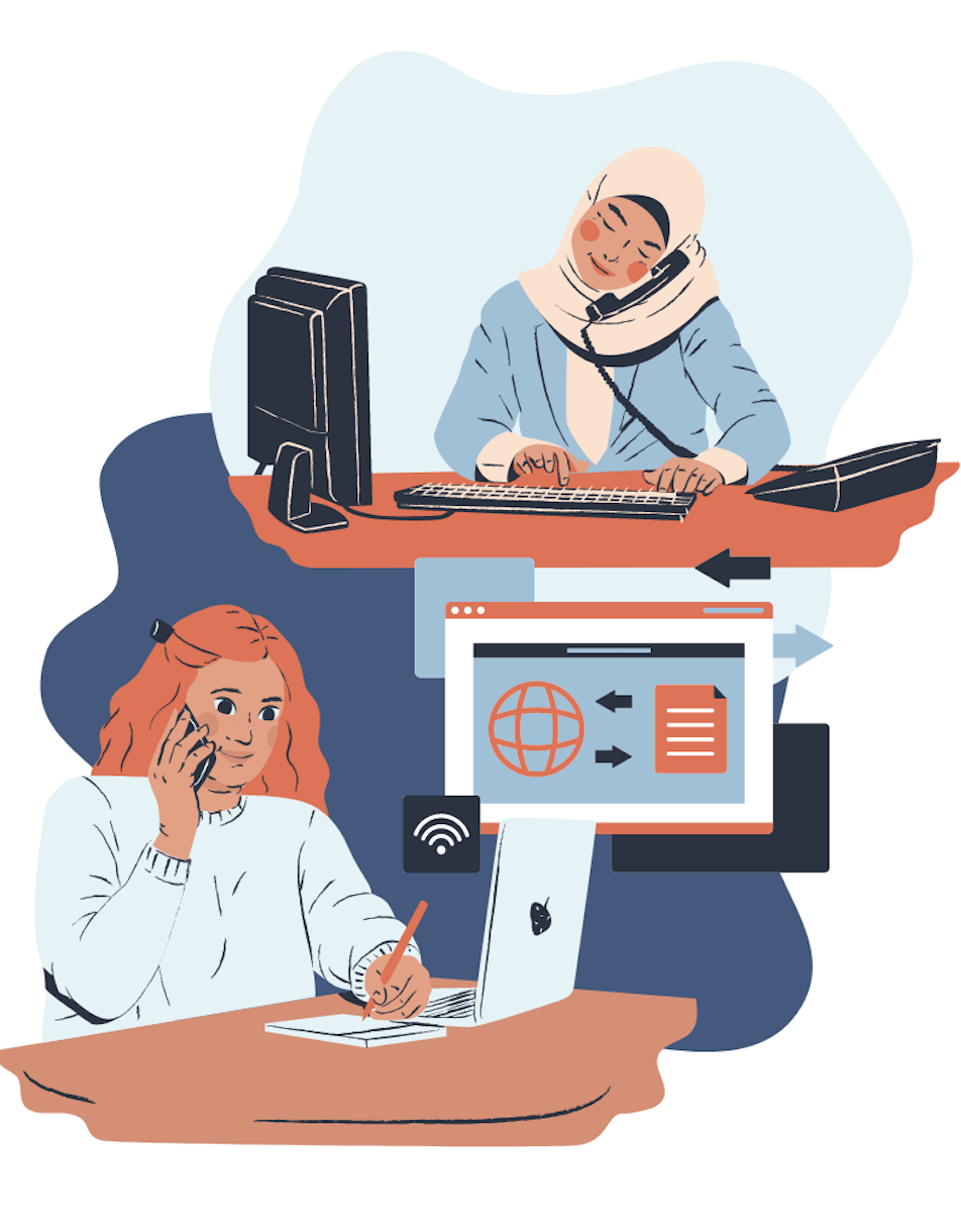 illustration of two women using their computers while speaking on the phone