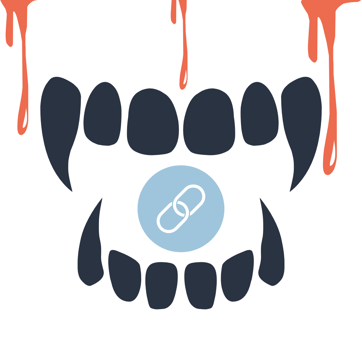 Illustration of dripping vampire fangs surrounding a link icon, representing keyword cannibalization