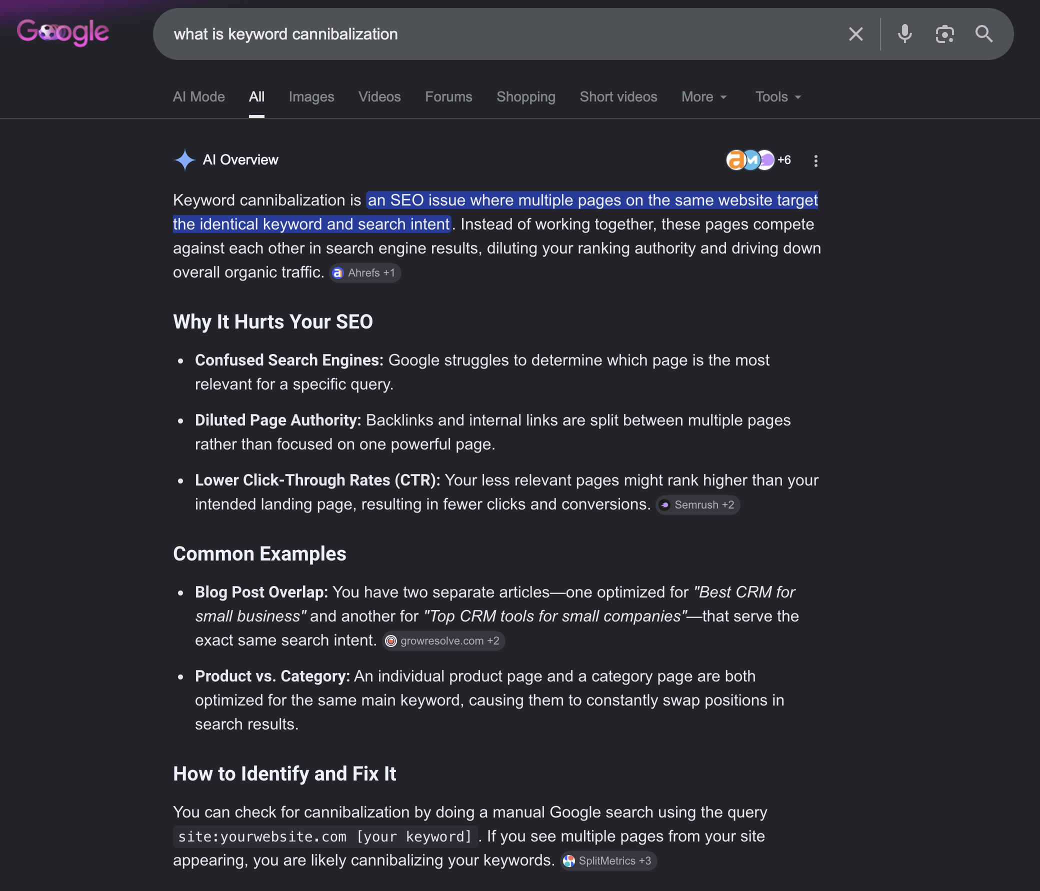 Google AI Overview for what is keyword cannibalization citing growresolve.com